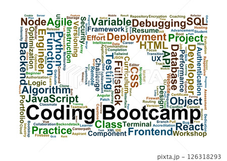 Coding Bootcamp Word Cloud. Essential Programming Topics in Modern Tech Education Coding Bootcamp Word Cloud. Essential Programming Topics in Modern Tech Education 126318293