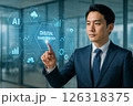 DX（デジタルトランスフォーメーション）を象徴するスーツ姿のビジネスマンとホログラムUI 126318375