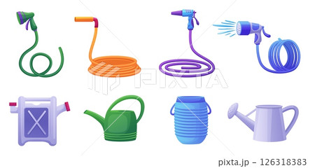 Watering accessories. Cartoon rubber hoses, water can and pot. Garden works tools, farm agriculture equipments for irrigation, nowaday vector set 126318383