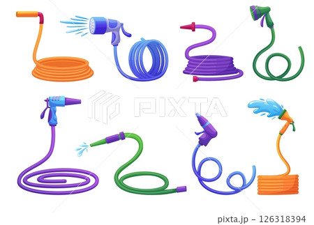 Watering hoses. Garden rubber hose, cartoon hosepipe with spray water drip plastic nozzle. Farm, agriculture equipment, gardening tools nowaday vector set 126318394
