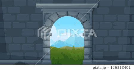 Ancient arch landscape. Stone wall and archway with view on green valley and mountain. Look out through castle gate, old style nowaday vector scene 126318401
