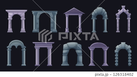 Ancient arch. Cartoon antique arches, stone marbles architecture elements. Ancient archways with columns and pillars, castle gates nowaday vector set 126318402