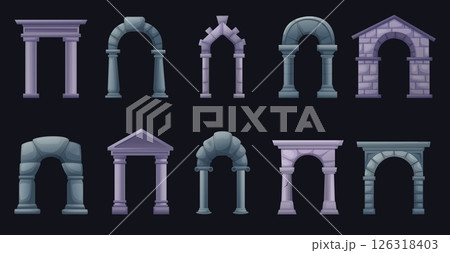 Cartoon antique arches. Roman greek arch, ancient stone pillars and columns. Architecture old style elements, archways, nowaday vector set 126318403