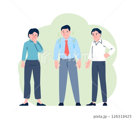 Sweating colleague. Male in shirt with wet armpits, bad odor and increased sweat. Colleagues cover nose and suffering from stinky smell, recent vector concept 126318425