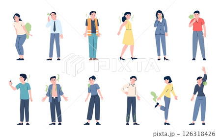 Bad smell people. Stinky smells from persons, bad breath, odor from armpits, character farts and fouls air. Increased sweating, recent vector set 126318426