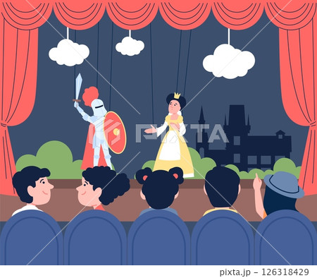 Puppet show for children. Kids watching theatrical production in theater, fairytale entertainment for young audience with marionettes, recent vector scene Puppet show for children. Kids watching theatrical production in theater, fairytale entertainment for young audience with marionettes, recent vector scene 126318429