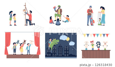 Puppet theater. Kids watch puppets show, outdoor seasonal entertainment for children. Artists with marionettes and dolls of hands, recent vector scenes 126318430