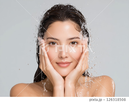 日本人女性の洗顔シーン｜美肌スキンケアのクローズアップ 126318508