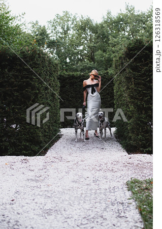 Young beautiful bride in stylish elegant dress posing in park with two dalmatians 126318569