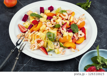 Shrimp salad with fruits. Shrimp salad with fruits. 126318823