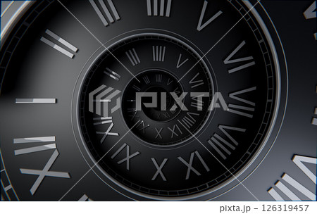 Matte Black Spiral Clock, Dark Time Concept Background 126319457