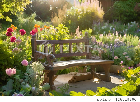 Wooden bench providing long seating in garden.AI Generated 126319506