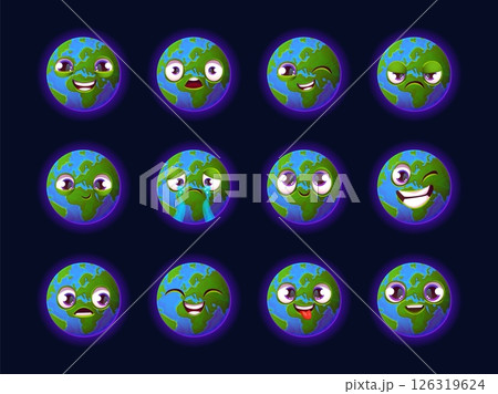Earth planet emoji. Cartoon planets cute character emoticons, baby globe sad happy face global world funny character ecology save nature smile stickers swanky vector illustration 126319624