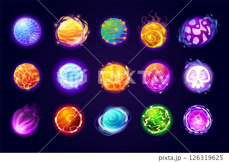 Cartoon magic orbs. Energy balls fantasy 2d game vfx effect, occult orb power glow sphere water fire ball magician mystery globe fireball shiny crystal, swanky vector illustration 126319625