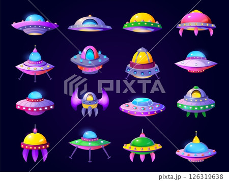 Alien spaceships. Cartoon ufo starship, game space ships futuristic design space craft ship galaxy sky cosmic shuttle flying saucer spacecraft rocket, swanky vector illustration 126319638