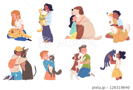 Children hugging dogs. Happy kids hug love pets, little owner holding puppy dog cat girl boy cuddle puppy kitten best friends animal child companion, classy vector illustration 126319640
