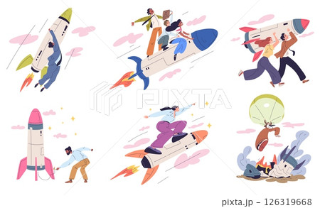 People flying rocket. Teamwork success startup business failure concept, entrepreneur launch ship team start up growth progress internship achievement classy vector illustration People flying rocket. Teamwork success startup business failure concept, entrepreneur launch ship team start up growth progress internship achievement classy vector illustration 126319668