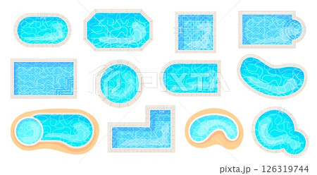 Cartoon pool top view. Swimming pools different shape circle rectangle oval, swim area 2d game poolside water texture floor mosaic tile, summer vacation neat vector illustration 126319744
