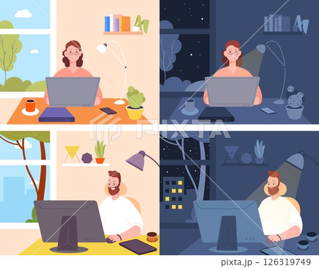 Worker day and night. Tired student late study at computer, tired freelance designer on workplace desk woman man with laptop overtime hour routine bed time vector illustration Worker day and night. Tired student late study at computer, tired freelance designer on workplace desk woman man with laptop overtime hour routine bed time vector illustration 126319749