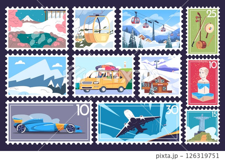 Travel postage marks. Touristic postcard postage stamps, summer vacation letter mail post stickers with attractions Japan Brazil mountains snow ski resort mark vector illustration 126319751