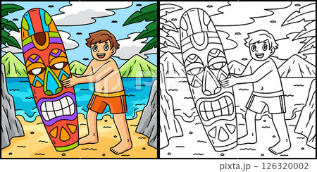 Surfing Boy with a Tiki Surfboard Illustration  126320002