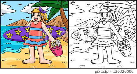 Surfing Girl Surfboard Bucket Tools Illustration  126320006