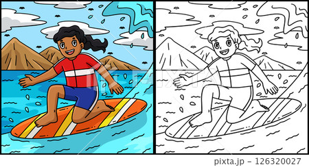 Surfing Girl Surfboard Ready to Stand Illustration 126320027