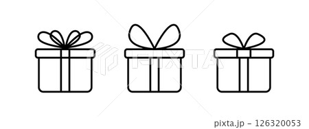 Set of gift box icons. Present packages with bows isolated on white background. Simple giftbox signs. Celebration, shopping, offer or delivery concept. Editable stroke. Vector graphic illustration Set of gift box icons. Present packages with bows isolated on white background. Simple giftbox signs. Celebration, shopping, offer or delivery concept. Editable stroke. Vector graphic illustration 126320053