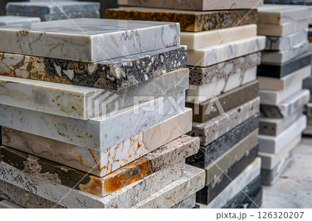 A stack of marble slabs in diverse shades showcases unique patterns and textures, perfect for architectural and design applications 126320207
