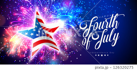 4th of July Independence Day of the USA Vector Illustration with American Flag in Star Symbol and Shiny Fireworks on Night Sky Background. Fourth of July National Celebration Design with Typography 4th of July Independence Day of the USA Vector Illustration with American Flag in Star Symbol and Shiny Fireworks on Night Sky Background. Fourth of July National Celebration Design with Typography 126320275