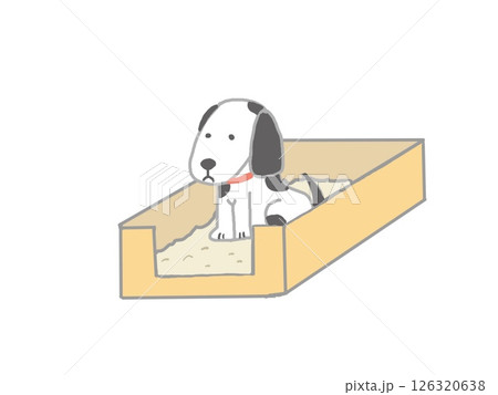 飼い犬がトイレの箱の中で座るイラスト 126320638
