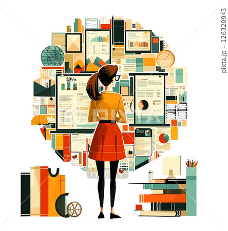 Woman data analyst cartoon vector concept. Female back view skirt character gathering files tables data charts infographics, round shape illustration isolated on white background Woman data analyst cartoon vector concept. Female back view skirt character gathering files tables data charts infographics, round shape illustration isolated on white background 126320943