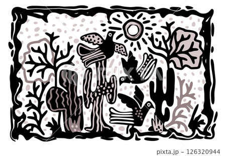 Wild nature. Birds on trees and cacti. Brazilian cordel northeast woodcut illustration 126320944