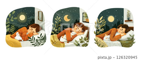Woman cat sleeping together cartoon vector concepts. Young girl bedroom bed pillow home pet relaxation rest peace tranquility characters illustration isolated on white background 126320945