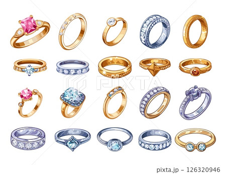 Wedding ring cartoon vector set. Jewelry diamond gem ruby topaz heart hand proposal bride groom fidelity loyalty devotion accessory symbol, illustration isolated on white background 126320946