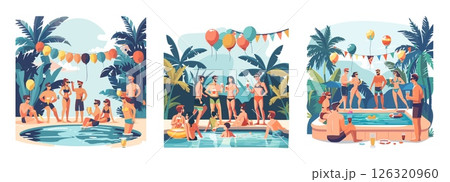 Waterpool party picturesque cartoon vector scenes. Holiday vacationers event rest fun characters cocktails drinkers, tropical sky palm balloons background isolated illustrations 126320960