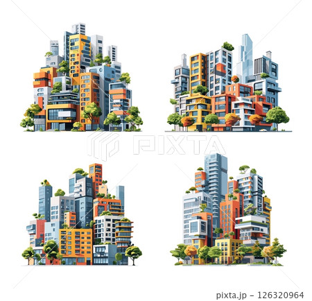 Urban cityscapes cartoon vector set. Tiered modern panoramical horizons multi storey skyline building group architecture illustrations isolated on white background 126320964