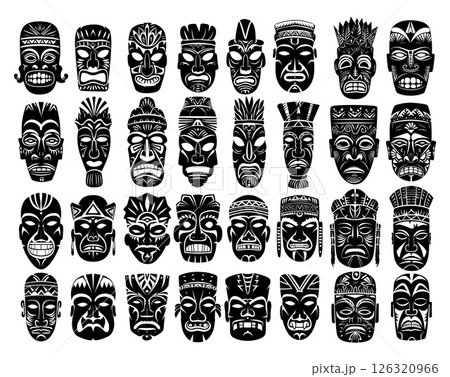 Tribal masks monochrome vector set. Totem face hiding concealment idols gods demons hawaiian polynesian ethnic idol cult frightening mysterious african accessory icons, illustrations isolated on white 126320966