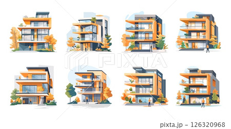 Town house apartments cartoon vector set. Modern architecture buildings countryside life nature trees elements illustrations isolated on white background 126320968