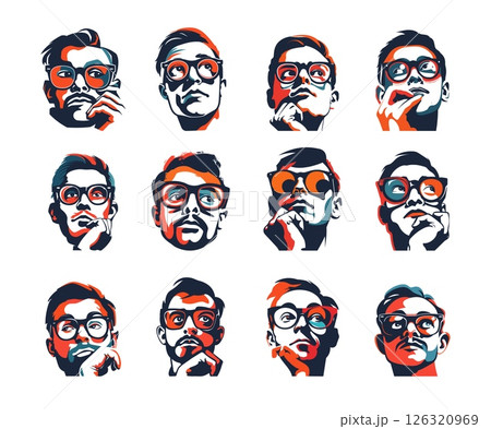 Thoughtful nerd avatars vector set. Portrait face glasses man closed immersed himself character, thinking technology it worker, stylish illustrations isolated on white background 126320969
