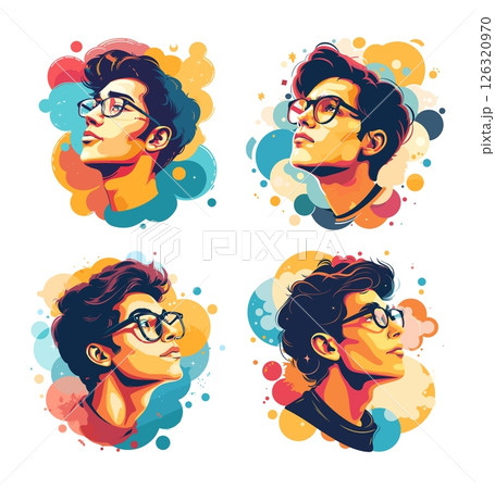 Thinking geek cartoon vector illustrations. Young intellectual glasses man character portraits colored concepts isolated on white background 126320970