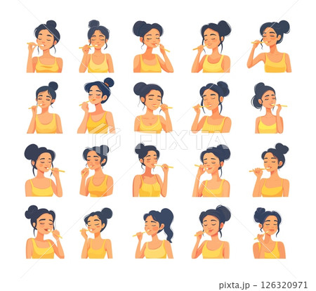 Teeth brushing girl cartoon style vector set. Oral hygiene character morning dental care concepts isolated on white background 126320971