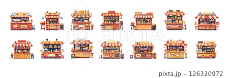 Street food eatery cartoon style vector set. Restaurants french fries hot dogs hamburgers snack bar counters tents illustrations isolated on white background 126320972