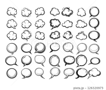 Speech empty bubbles ink sketch retro vector set. Comic black emotional pop art message communication symbol objects isolated on white background 126320973