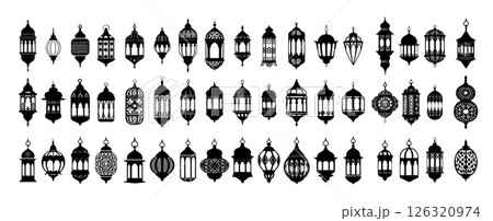 Ramadan lanterns black icons vector set. Lamps islam mosque arabic moroccan egyptian vintage oriental patterns religious light fixture silhouettes isolated on white background 126320974