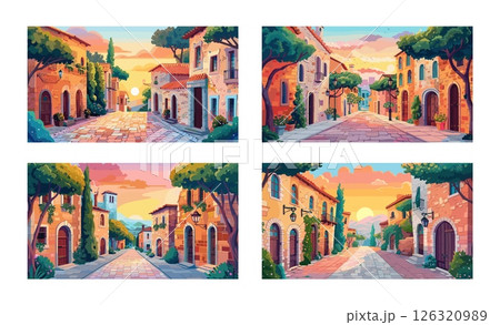 Medieval city street cartoon vector scenes. Old european bricks stones ancient houses facade wooden doors trees sunset sidewalk road buildings concepts 126320989
