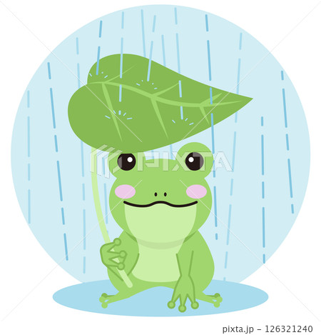 葉っぱの傘を持つ雨の日のカエルのイラスト 126321240