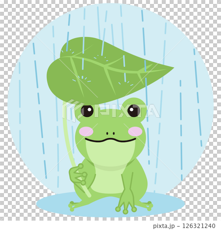 葉っぱの傘を持つ雨の日のカエルのイラスト 126321240