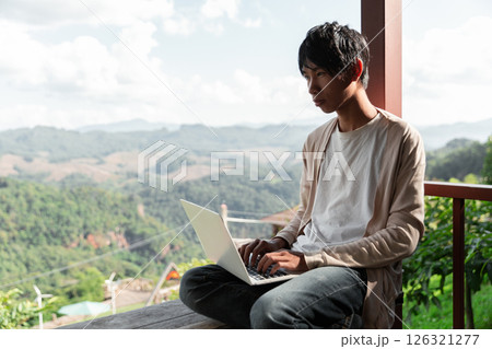 Future remote work combines technology nature smart phone enable e learning productivity while traveling blending comfort modern devices serenity computer equipment business connection natural world Future remote work combines technology nature smart phone enable e learning productivity while traveling blending comfort modern devices serenity computer equipment business connection natural world 126321277