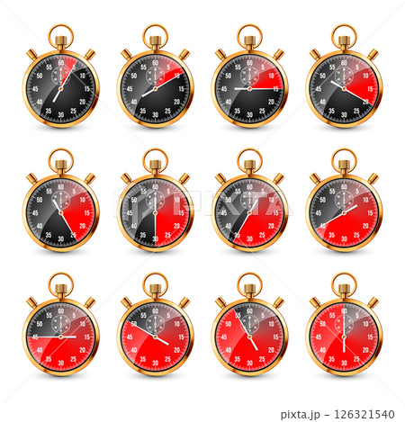 Realistic classic stopwatch. Shiny golden metal chronometer, time counter with dial. Red countdown timer showing minutes and seconds. Time measurement for sport, start, finish. Vector illustration Realistic classic stopwatch. Shiny golden metal chronometer, time counter with dial. Red countdown timer showing minutes and seconds. Time measurement for sport, start, finish. Vector illustration 126321540